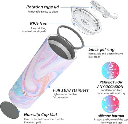 THILY Stainless Steel Vacuum Insulated Tumbler 26 oz Triple-Insulated Travel Mug with Splash-Proof Lid, for Iced Coffee and Hot Beverage, Pink Ripple + Lotus Flower