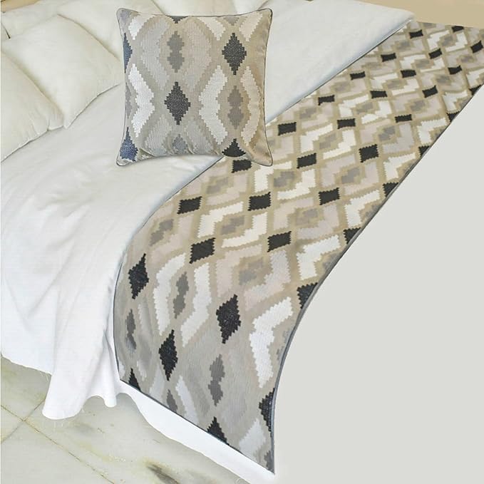The HomeCentric King/Queen/Twin Beige Decorative Bed Runner CA King 86"x18" Bed Runner with One Pillow Cover, Embroidery,Aztec Bed Scarf on Linen Fabric - Thread Tale