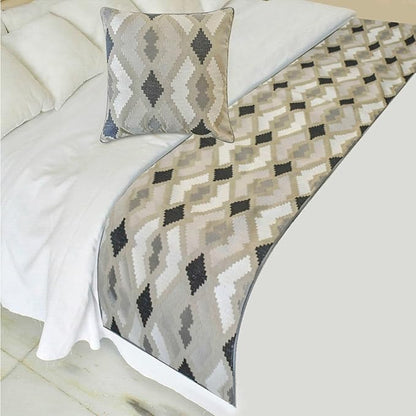 The HomeCentric King/Queen/Twin Beige Decorative Bed Runner CA King 86"x18" Bed Runner with One Pillow Cover, Embroidery,Aztec Bed Scarf on Linen Fabric - Thread Tale