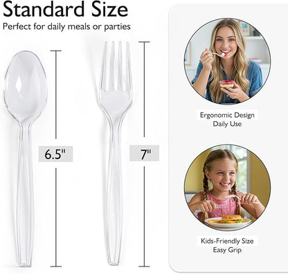 Disposable Plastic Silverware, Heavy Duty Forks and Spoons Set, Durable Plastic