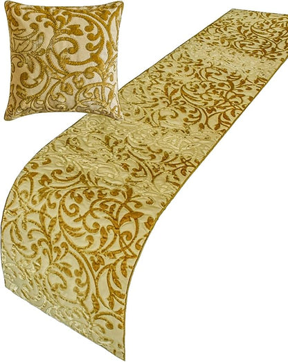 HomeCentric Beige Gold Decorative Bed Runner - CA King 86"x18" Velvet Bed Scarf - Serene Symphony