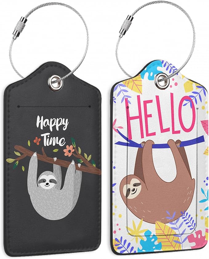 Set of 2 Funny Sloth,Happy Time Cartoon Animal Luggage Tags for Suitcases, Cute Sloth, Colorful Tropical Leaves Leather Suitcase Tag Name Identifiers Labels for Travel Bag Baggage Backpack