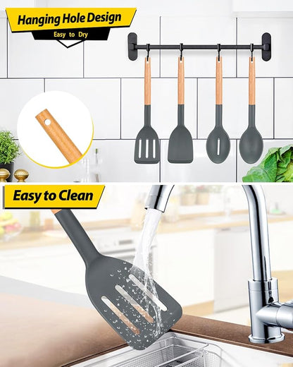 Pack of 4 Silicone Cooking Utensils Set, Non Stick Solid Spatulas and Heat Resistant Slotted Spoons with Wooden Handle, Ideal Wood Kitchen Utensils Set for Frying,Serving,Turning,Stirring (GRAY)