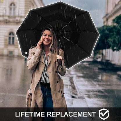 G4Free 42 Inch Eco Windproof Folding Umbrella for Rain & Sun 9 Ribs Wind Resistant Strong Fiberglass Double Canopy with Reflective Strip for Women Men Auto Open Close For Car & Backpack