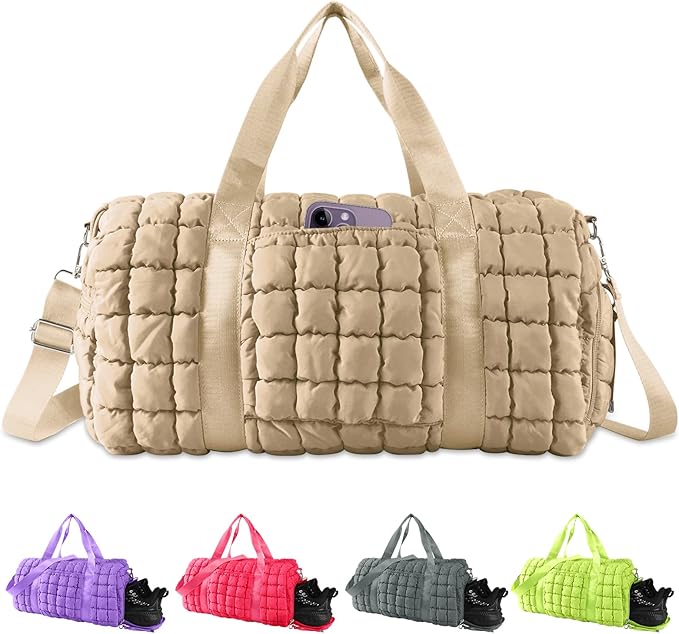 Quilted Travel Duffle Bag Gym Bag for Women,Large Puffer Duffle Weekender Bag with Compartment,Workout Overnight Carry on Organizer Bag Duffle Bag for Airplane Travel(Khaki)