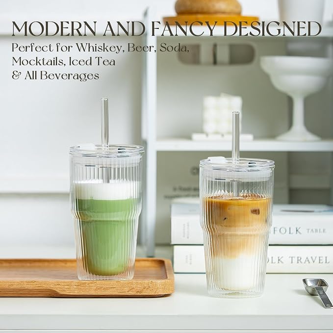 KEMORELA 16oz Ribbed Double Wall Glass Cups