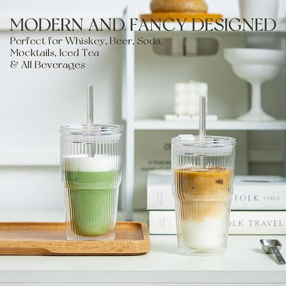 KEMORELA 16oz Ribbed Double Wall Glass Cups