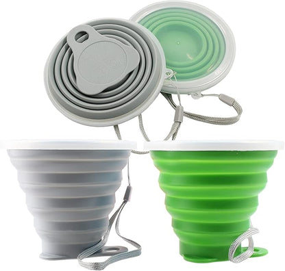 Litoexpe 2 Pack Silicone Collapsible Travel Cup Portable Folding Camping Cup Sets with Lids, Grey & Green