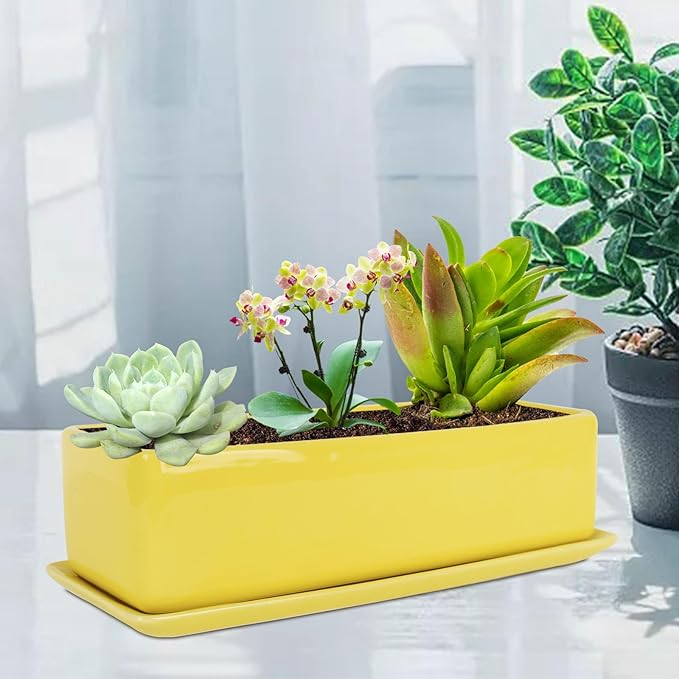 Vencer 14 Inch Rectangular Modern Minimalist Ceramic Succulent Planter Pot