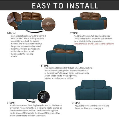 Easy-Going 6 Pieces Recliner Loveseat Stretch Sofa Slipcover Sofa Cover Furniture Protector Couch Soft with Elastic Bottom Kids, Spandex Jacquard Fabric Small Checks Deep Teal
