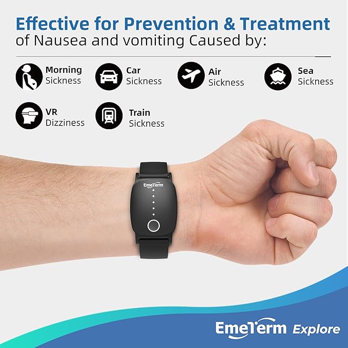 EmeTerm Explore FDA-Cleared Anti-Nausea Wristband IP67 Waterproof Morning Motion Sickness Relief Band Rechargeable Classic Strap Design Drug Free Non-drowsy Without Side Effects Galaxy Black