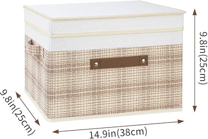 TYEERS Collapsible Storage Bins with Lids, Patchwork Design, Washable, Fabric Storage Boxes, 14.9x9.8x9.8 inches, 5 Pack, Camel Tan