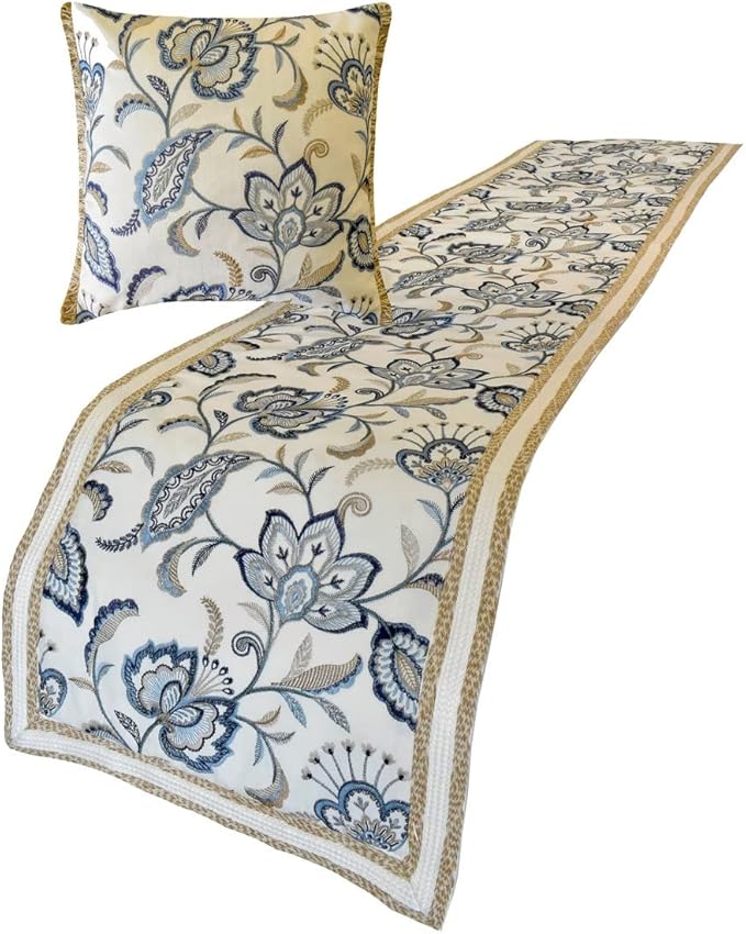 The HomeCentric King/Queen/Twin Blue Designer King 90"x18" Bed Runner with 2 Pillow Cover, Floral, Embroidered, Jute Lace & Lace Bed Scarf on Cotton Fabric - Morning Glories