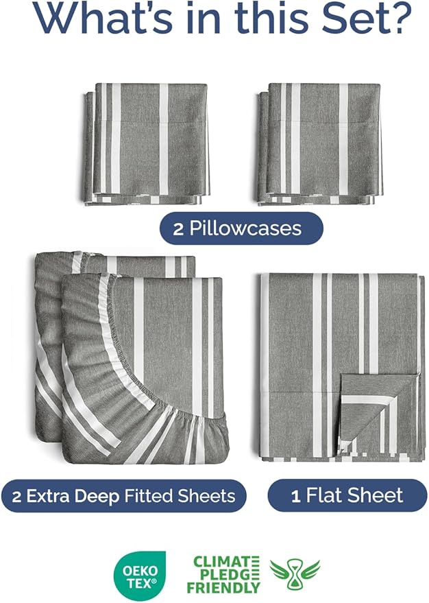 Extra Deep Split King Sheet Set - 7 Piece Breathable & Cooling Sheets - Hotel Luxury Bed Sheets Set - Easy Fit - Soft, Wrinkle Free & Comfy Sheets Set - Grey Striped Sheet Set w/Extra Deep Pockets