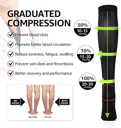 Kickticks 4 Pairs Compression Socks for Woman & Man Unisex 20-30mmHg Knee high Plus Size Wide Calves for Flying Running…