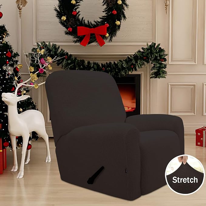 Easy-Going Recliner Stretch Sofa Slipcover Sofa Cover 4-Pieces Furniture Protector Couch Soft with Elastic Bottom Spandex Jacquard Fabric Small Checks(Recliner,Chocolate) Large