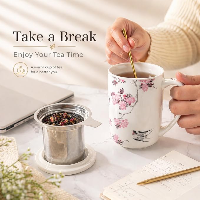 AmorArc Tea Cup With Infuser and Lid, 18oz Loose Leaf Tea Mug With Steeper |