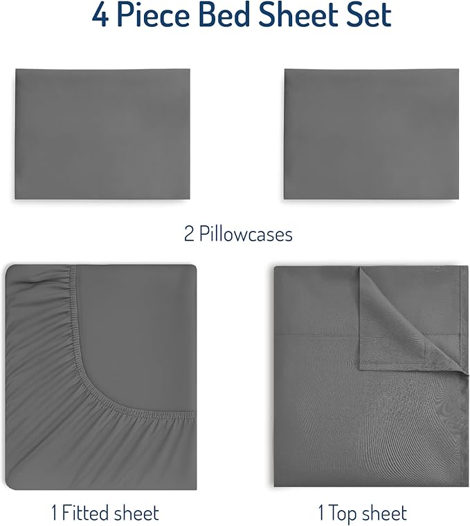 Degrees of Comfort Queen Sheet Set for Air Mattress – 4-Piece Bedding Sets, Extra Deep Pocket Fitted Sheet up to 22”, Dual Side Storage Pockets, Soft, Breathable & Wrinkle-Free, Grey