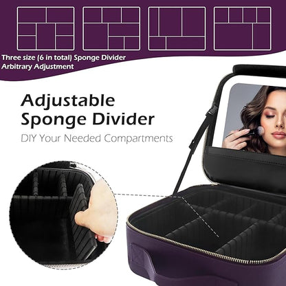 MOMIRA Travel Makeup Bag Cosmetic Bag with Lighted Mirror, Adjustable Brightness in 3 Color Scenarios, Waterproof, 10x Magnifying Mirror, Rotatable Independent Light Mirror- Deep purple (Solid)