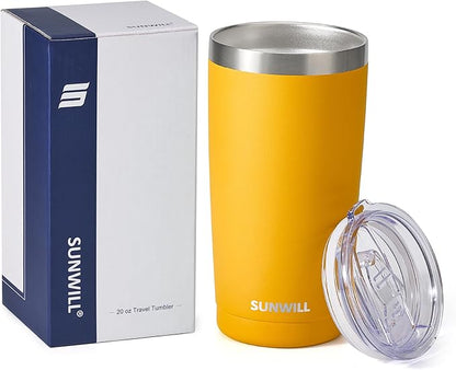 SUNWILL Travel Coffee Tumbler 20 oz, Insulated Mug with Lid, Stainless Steel Cup for Hot and Cold Drinks, Powder Coated Yellow