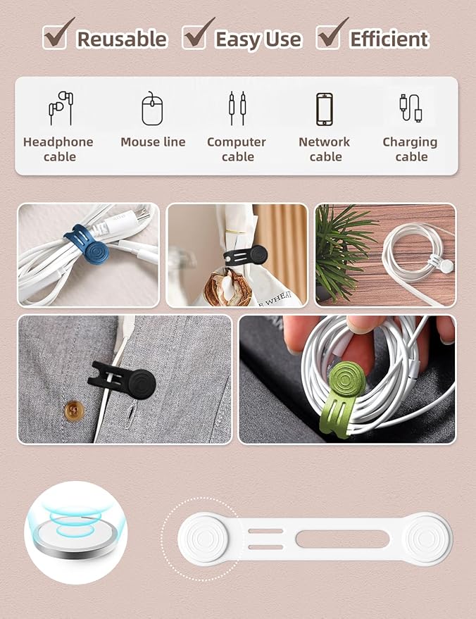 Kanemc 8-Pack Magnetic Cable Ties, Magnet Cord Wraps Reusable Silicone Cable Organizer Twist Zip Ties For USB Earphone Computer Smartphone Charging Cords (4Colors)