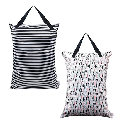ALVABABY 2 Pack Large Wet Dry Bag Waterproof Hanging Cloth Diaper with Double Zippered Pockets 25x18 inches (Feather & Stripe)