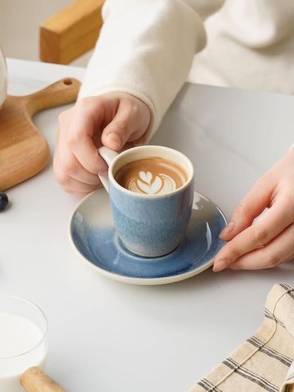 famiware 3oz Espresso Cups and Saucers, Azure Blue | Ceramic Small Coffee Mug