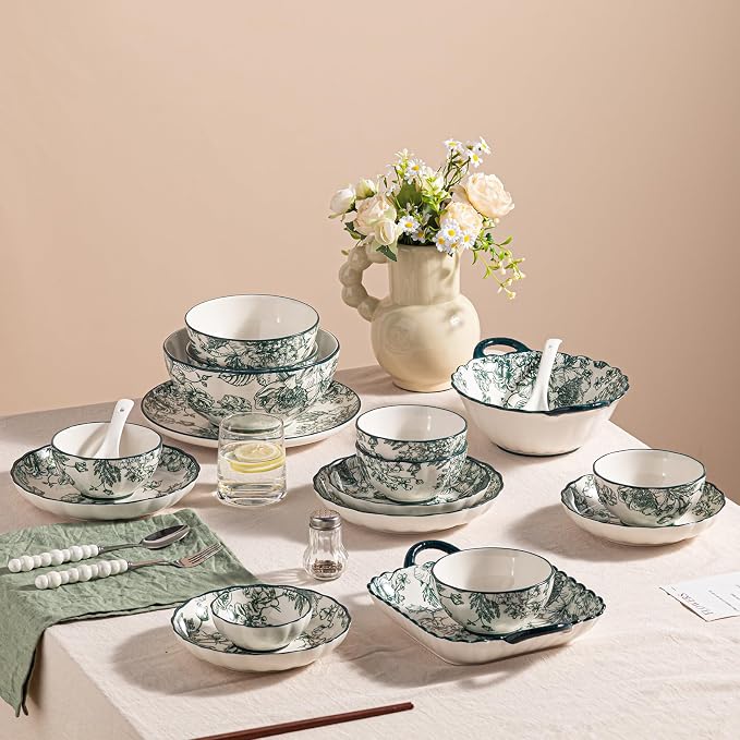 Ceramic Dinnerware Set, Floral Plates and Bowls Sets, Microwave & Dishwasher