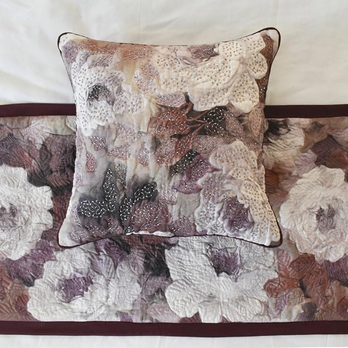 The HomeCentric King/Queen/Twin Purple Decorative Twin 53"x18" Bed Runner with One Pillow Cover, Floral, Roses, Bead Embroidery & Handmade Bed Scarf on Jacquard Fabric - Wood Rose