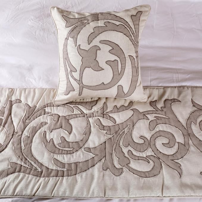 The HomeCentric Decorative Ivory & Beige Twin 53 x 18 inch Bed Runner Without Pillow Cover, Linen Lurex Applique Bed Scarf, Abstract Modern - Pretty Dainty