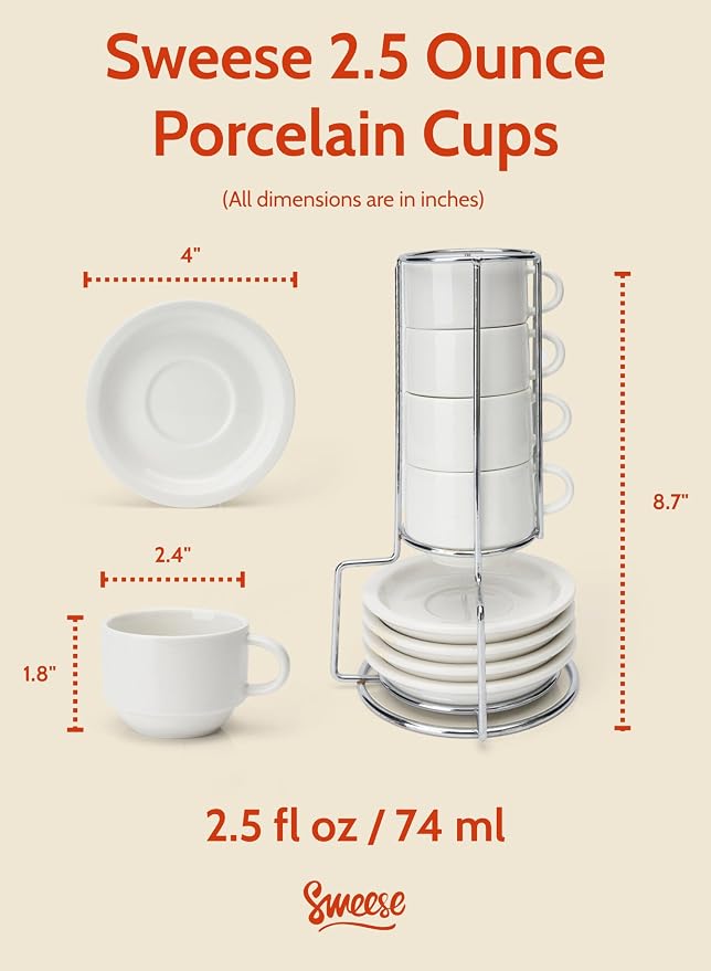 Sweese 2.5 Ounce Porcelain Stackable Espresso Cups