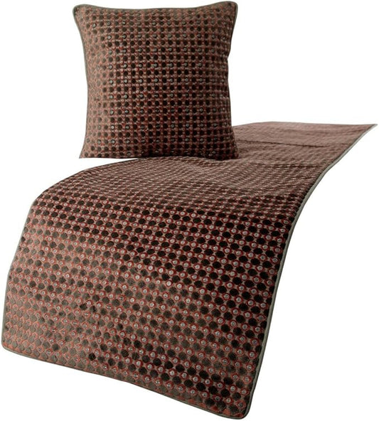 The HomeCentric Grey Bed Runner, Twin Size 53"x18" Decorative Bed Runner with Matching Pillow Cover, Peach & Grey Velvet Bed Scarf in Sequins Embroidery - Ditto Dots