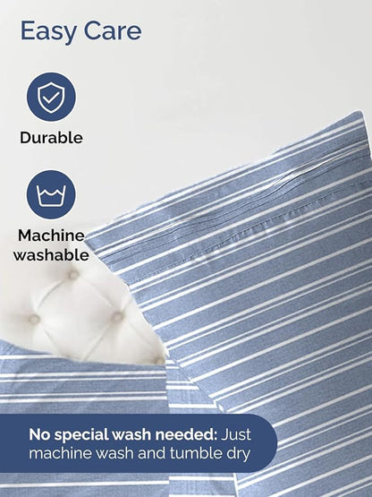Extra Deep Full Fitted Sheet - Hotel Luxury Single Fitted Sheet Only - Easily Fits 18 inch to 24 inch Mattress - Ultra Soft, Wrinkle Free with Extra Deep Pockets - Breathable & Comfy - Blue Stripes