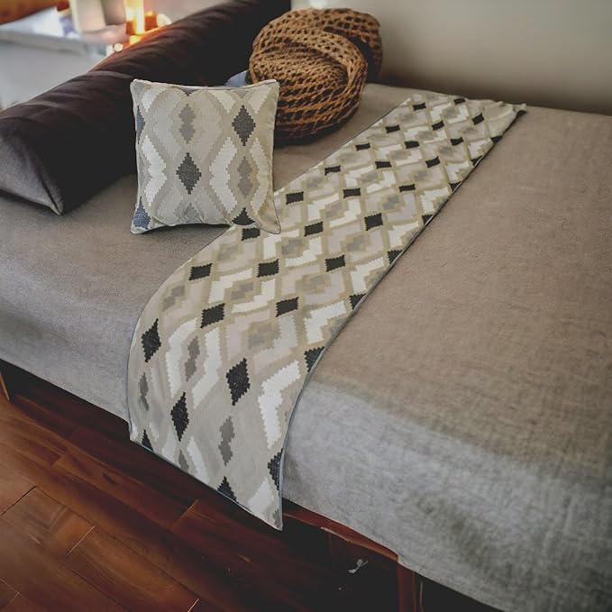 The HomeCentric King/Queen/Twin Beige Decorative Bed Runner Full 68"x18" Bed Runner Without Pillow Cover, Embroidery,Aztec Bed Scarf on Linen Fabric - Thread Tale