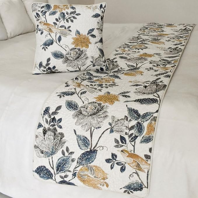 The HomeCentric King/Queen/Twin Blue & Ivory Decorative Full 68"x18" Bed Runner with Pillow Cover, Bird, Pearl & Quilted Bed Scarf on Linen Fabric - Vintage Birdena