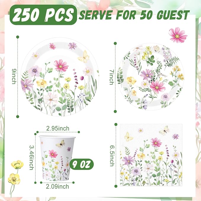 250 Pcs Wildflower Party Decorations Include Spring Summer Floral Paper Plates