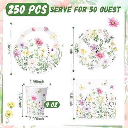 250 Pcs Wildflower Party Decorations Include Spring Summer Floral Paper Plates