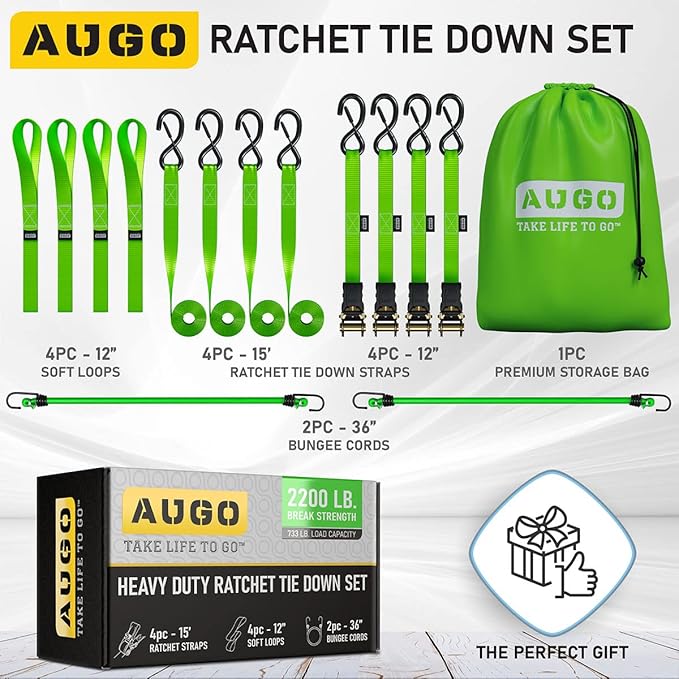 AUGO Ratchet Straps Heavy Duty 4 Pack -15 FT - 2200 LB Break Strength – with Safety Lock S Hooks - Cargo Straps for Moving, Appliances, Motorcycle – Soft Loop Tie Down Straps