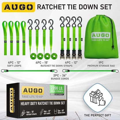 AUGO Ratchet Straps Heavy Duty 4 Pack -15 FT - 2200 LB Break Strength – with Safety Lock S Hooks - Cargo Straps for Moving, Appliances, Motorcycle – Soft Loop Tie Down Straps