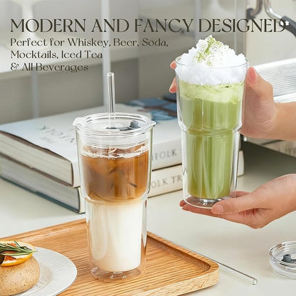 KEMORELA 2PCS 20oz Clear Double Wall Glass Cups