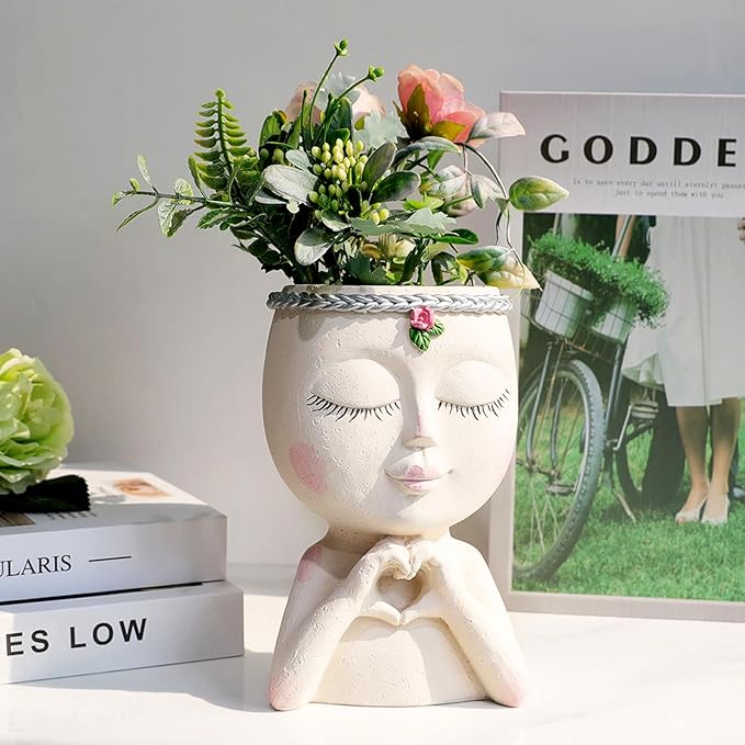 Face Planter Pot with Heart Hands, Resin Head Planter