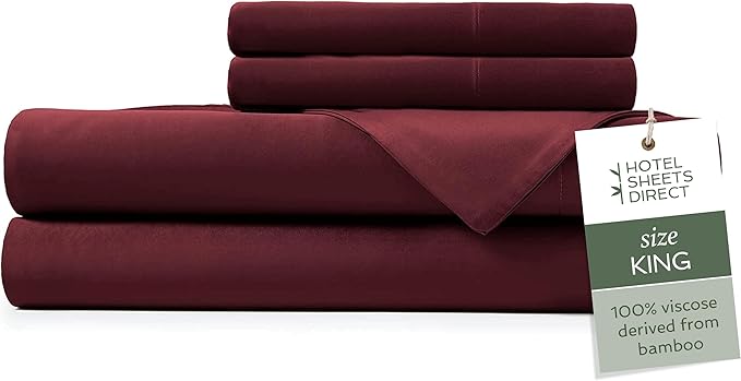 Hotel Sheets Direct 4 Piece Bed Sheet Set King Size, 100% Viscose Derived from Bamboo Sheets Set with 2 Pillowcases, Cooling & Breathable Luxury Bedding, Moisture-Wicking & Silky Soft, Burgundy