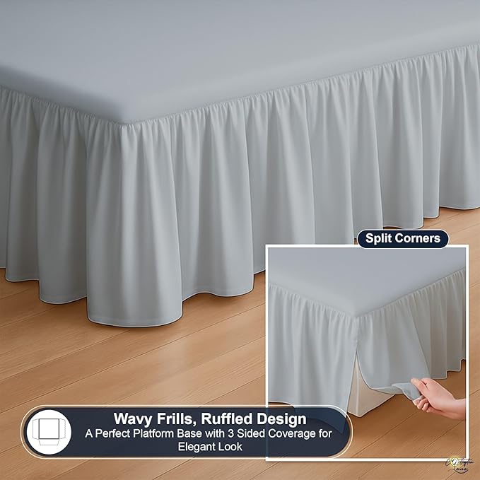 Cottington Lane Ruffled Bed Skirt Twin Size with Split Corner, Brushed Microfiber Hotel Quality Silver Grey Dust Ruffle, 14 Inch Drop Gathered Bedskirt, Soft and Stylish, Shrinkage and Fade Resistant