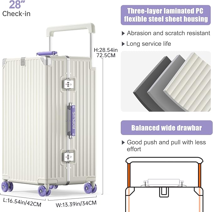 Aluminium Frame Checked-Luggage with Smooth Jelly Wheels, Hardside Zipperless Rolling Suitcase with TSA Lock (WhitePurple, 28-Inch)