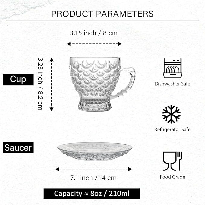 Glass Tea Cups and Saucers Set of 6