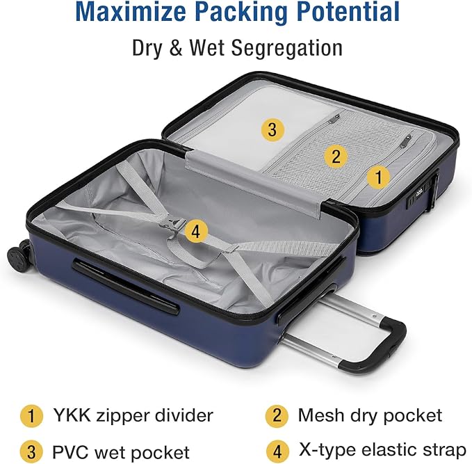 KYME Luggage Sets, 100% PC Suitcase With Double Spinner Wheels & TSA Lock, Hard Shell 3 Piece Set, 22/26/30, Navy