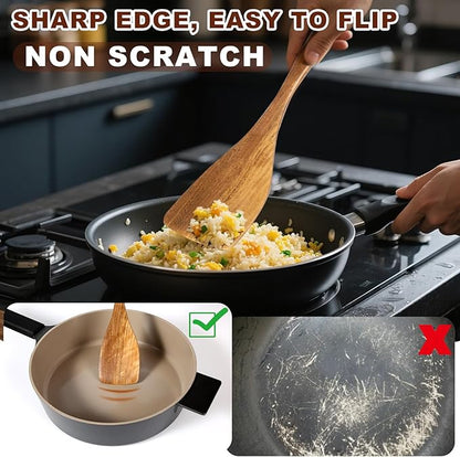 Wooden Spatulas, 2 PCs Natural Acacia Wooden Cooking Utensils Set for Non-stick Pan Kitchen Tool, flipping and Wok Spatula, Wooden Spoons & Spurtle for Cooking