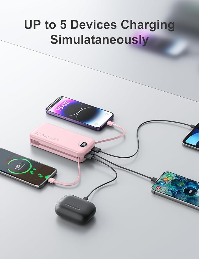 20000mAh Ultra-Portable-Charger-Power-Bank with Built in Cables&AC Wall Plug,PD20W USB-C Fast Charging Cell Phone Charger Battery Pack,LED Display Travel Battery Bank for All iPhone,Samsung,Android