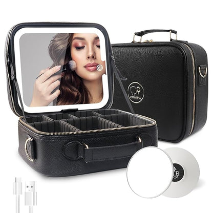 MOMIRA Travel Makeup Bag Cosmetic Bag with Lighted Mirror, Adjustable Brightness in 3 Color Scenarios/Detachable makeup mirror, All-round Upgrade, Waterproof, Gift for Women -Black