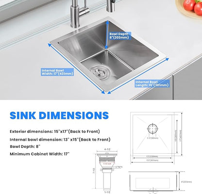 POPFLY 15x17 Inch Undermount Bar Prep Sink, 15” Undermount Rectangle Kitchen Sink, 304 Stainless Steel Single Bowl Small Kitchen Rv Sinks, Brushed